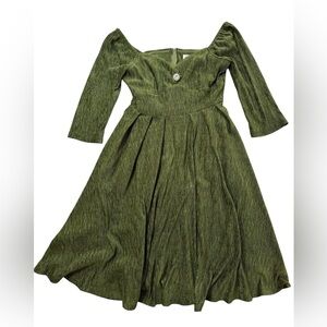 Unique Vintage Olive Green Textured Midi Dress S 4 Puff Sleeve Cottagecore